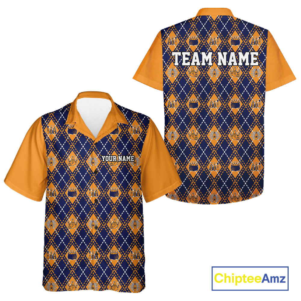 Custom Orange And Navy Halloween Bowling Argyle Pattern Bowling Team Men And Women Button Up Shirt IPHW11930