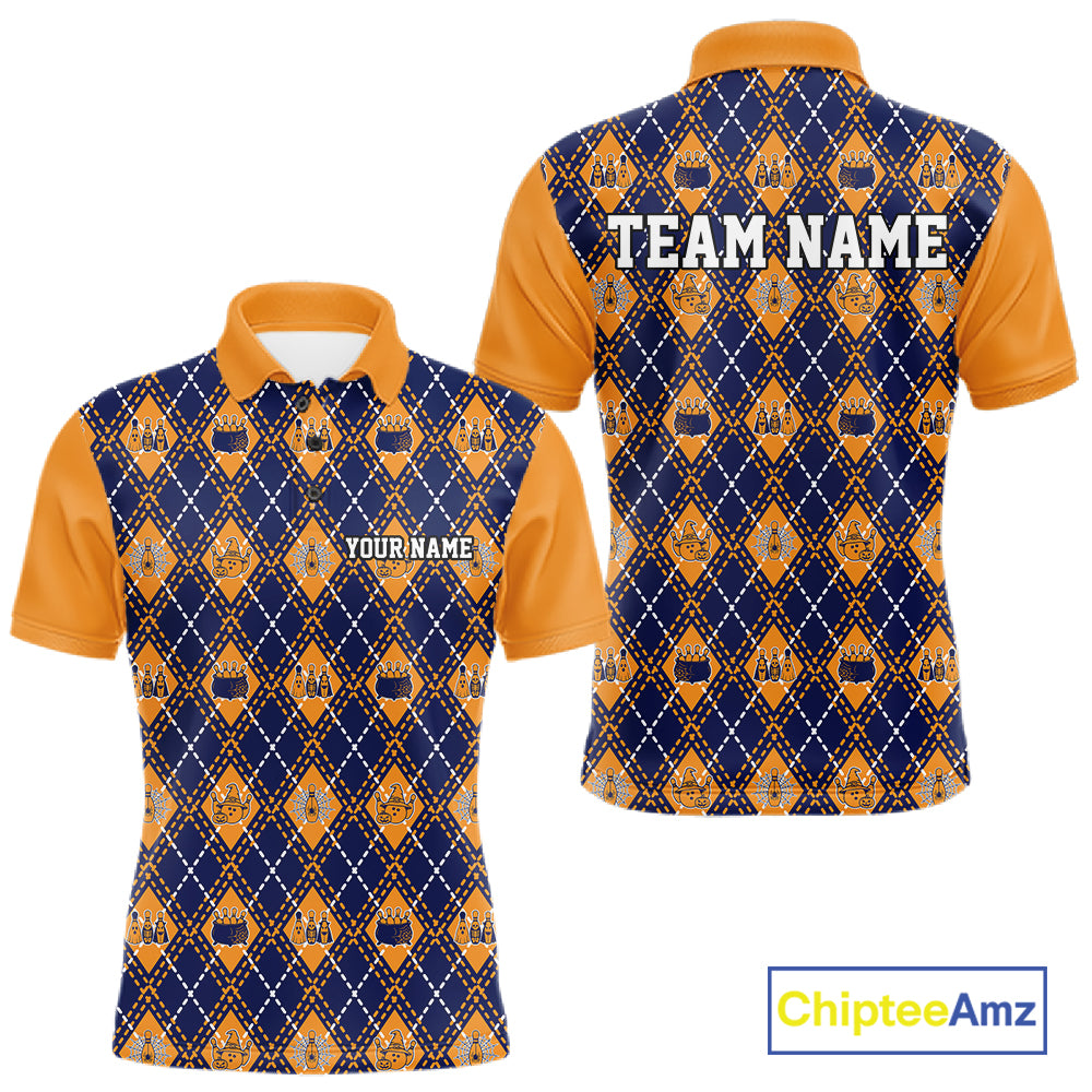 Custom Orange And Navy Halloween Bowling Argyle Pattern Bowling Team Men Polo Shirt IPHW11930