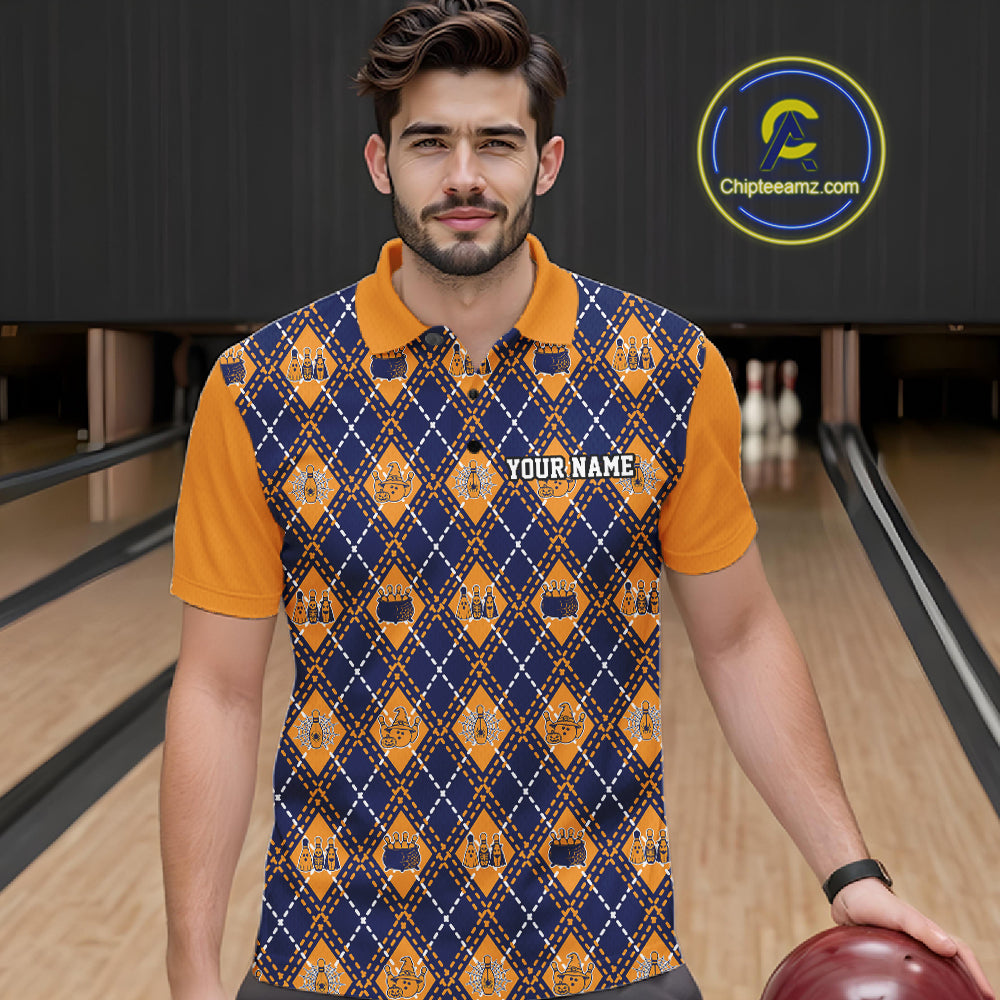 Custom Orange And Navy Halloween Bowling Argyle Pattern Bowling Team Men Polo Shirt IPHW11930