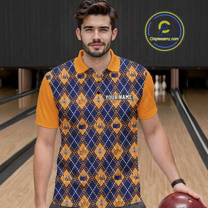 Custom Orange And Navy Halloween Bowling Argyle Pattern Bowling Team Men Polo Shirt IPHW11930
