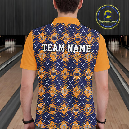 Custom Orange And Navy Halloween Bowling Argyle Pattern Bowling Team Men Polo Shirt IPHW11930