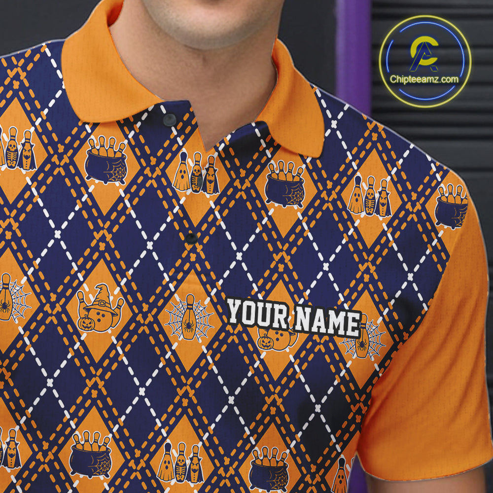 Custom Orange And Navy Halloween Bowling Argyle Pattern Bowling Team Men Polo Shirt IPHW11930