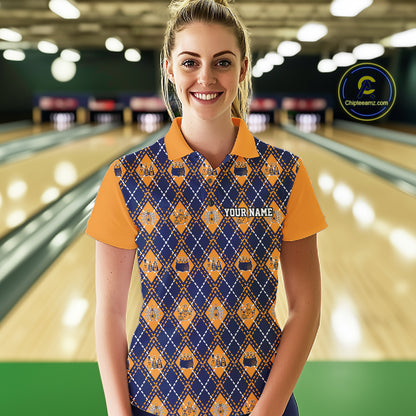 Custom Orange And Navy Halloween Bowling Argyle Pattern Bowling Team Women Polo Shirt IPHW11930