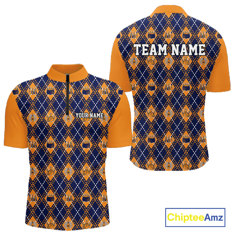 Custom Orange And Navy Halloween Bowling Argyle Pattern Bowling Team Men Quarter Zip Shirt IPHW11930