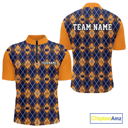 Custom Orange And Navy Halloween Bowling Argyle Pattern Bowling Team Men Quarter Zip Shirt IPHW11930