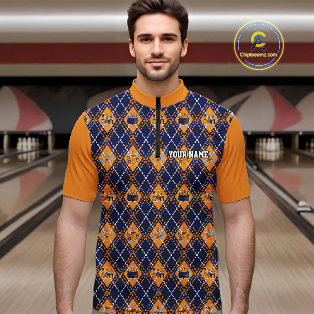 Custom Orange And Navy Halloween Bowling Argyle Pattern Bowling Team Men Quarter Zip Shirt IPHW11930