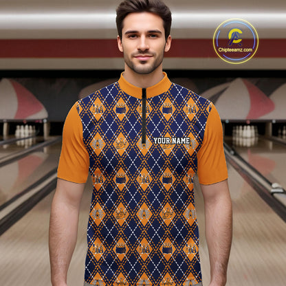 Custom Orange And Navy Halloween Bowling Argyle Pattern Bowling Team Men Quarter Zip Shirt IPHW11930