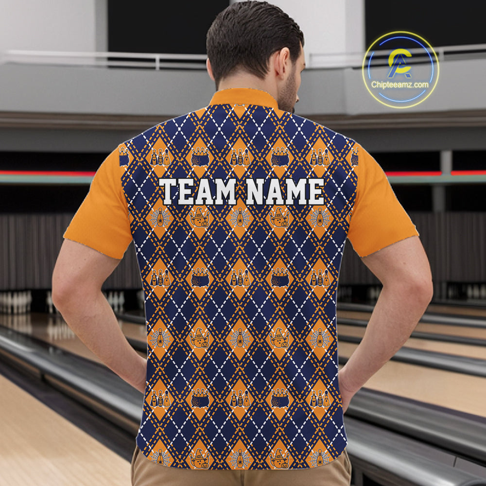 Custom Orange And Navy Halloween Bowling Argyle Pattern Bowling Team Men Quarter Zip Shirt IPHW11930