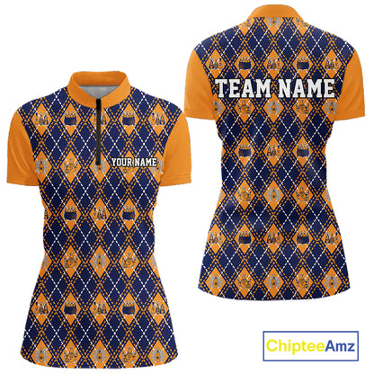 Custom Orange And Navy Halloween Bowling Argyle Pattern Bowling Women Quarter-Zip Shirt IPHW11930