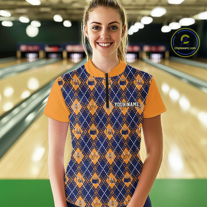 Custom Orange And Navy Halloween Bowling Argyle Pattern Bowling Women Quarter-Zip Shirt IPHW11930