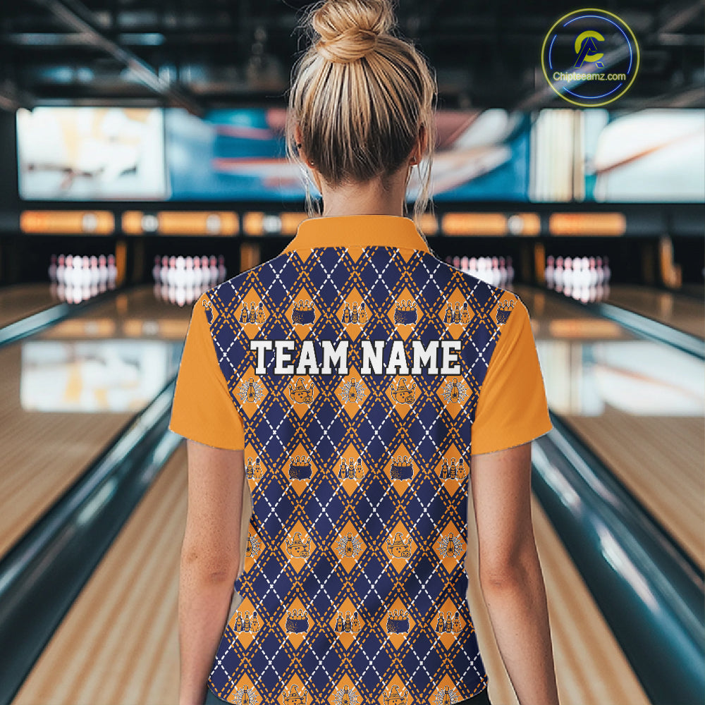 Custom Orange And Navy Halloween Bowling Argyle Pattern Bowling Women Quarter-Zip Shirt IPHW11930