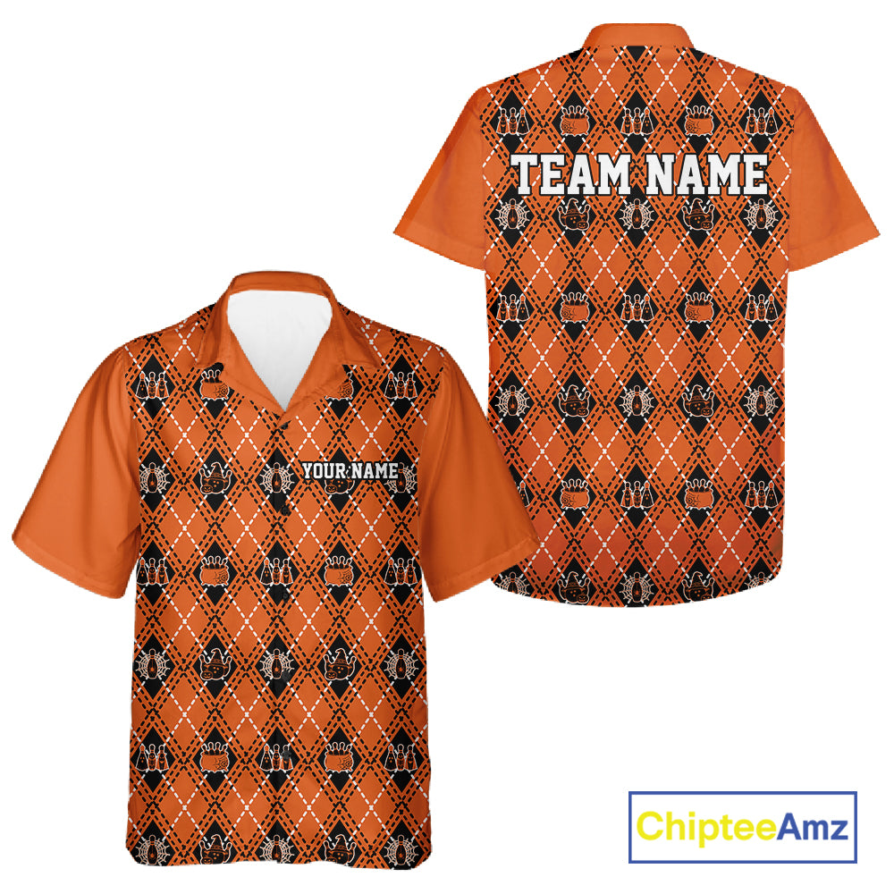 Custom Black And Orange Halloween Bowling Argyle Pattern Bowling Team Men And Women Button Up Shirt IPHW11931