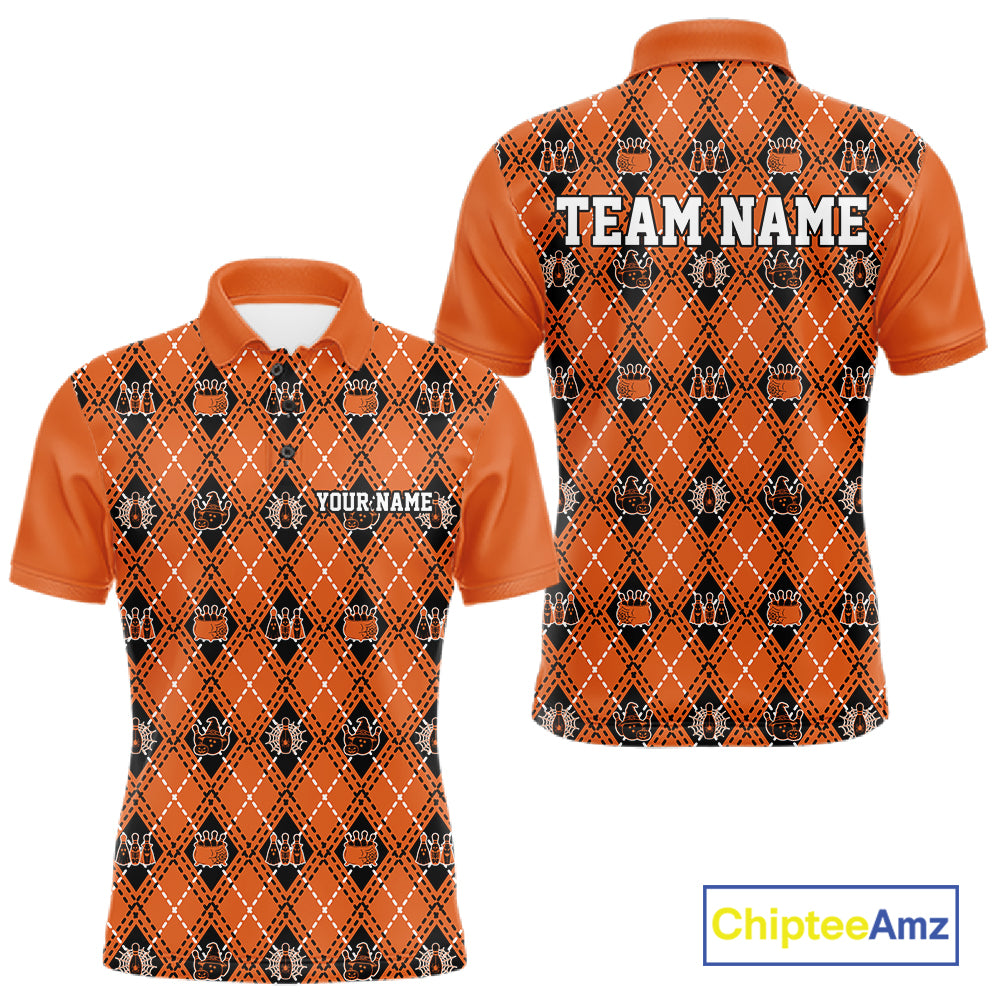 Custom Black And Orange Halloween Bowling Argyle Pattern Bowling Team Men Polo Shirt IPHW11931
