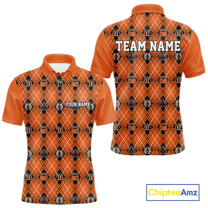 Custom Black And Orange Halloween Bowling Argyle Pattern Bowling Team Men Polo Shirt IPHW11931