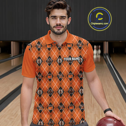 Custom Black And Orange Halloween Bowling Argyle Pattern Bowling Team Men Polo Shirt IPHW11931