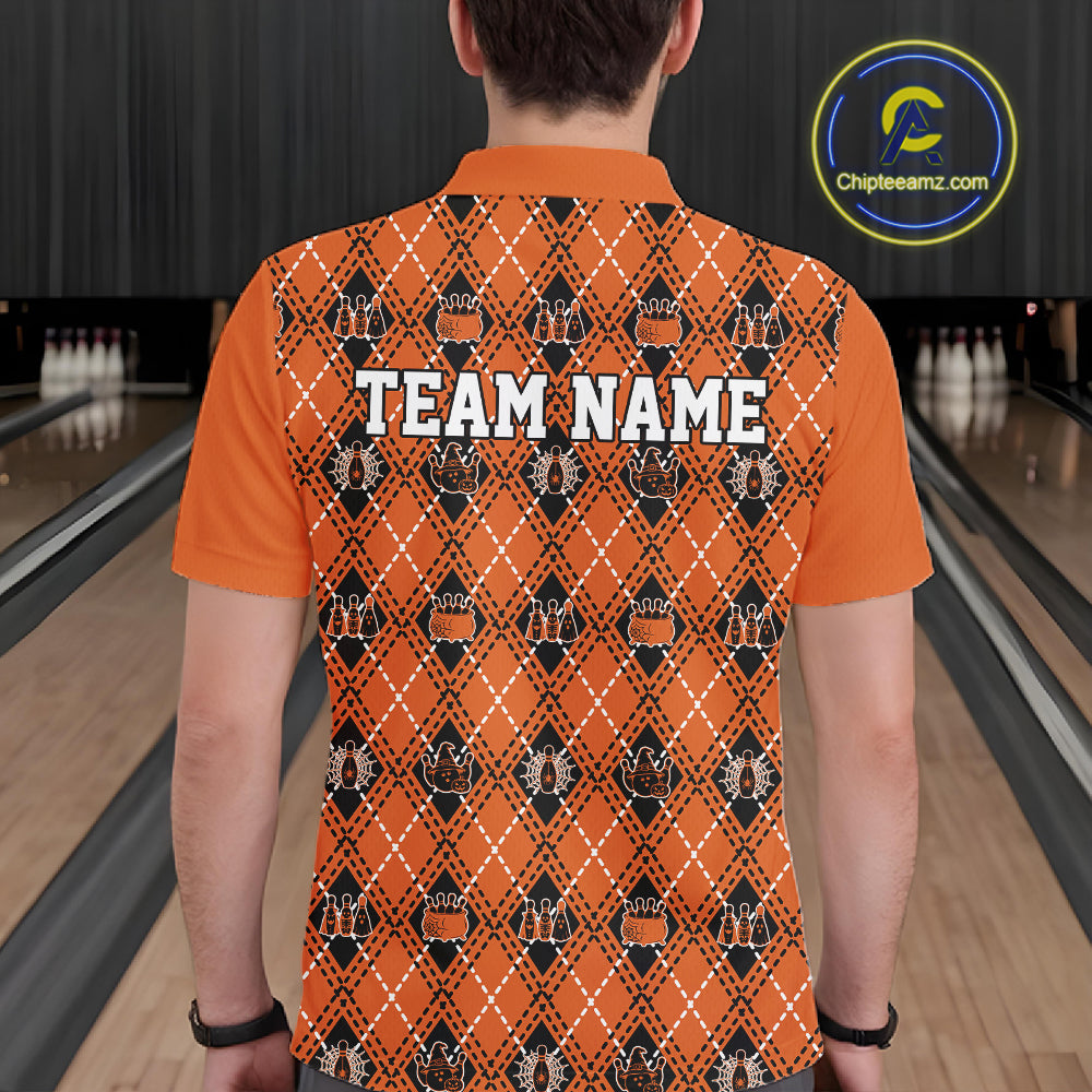 Custom Black And Orange Halloween Bowling Argyle Pattern Bowling Team Men Polo Shirt IPHW11931