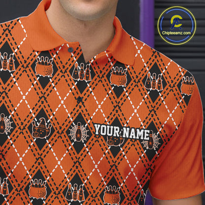 Custom Black And Orange Halloween Bowling Argyle Pattern Bowling Team Men Polo Shirt IPHW11931