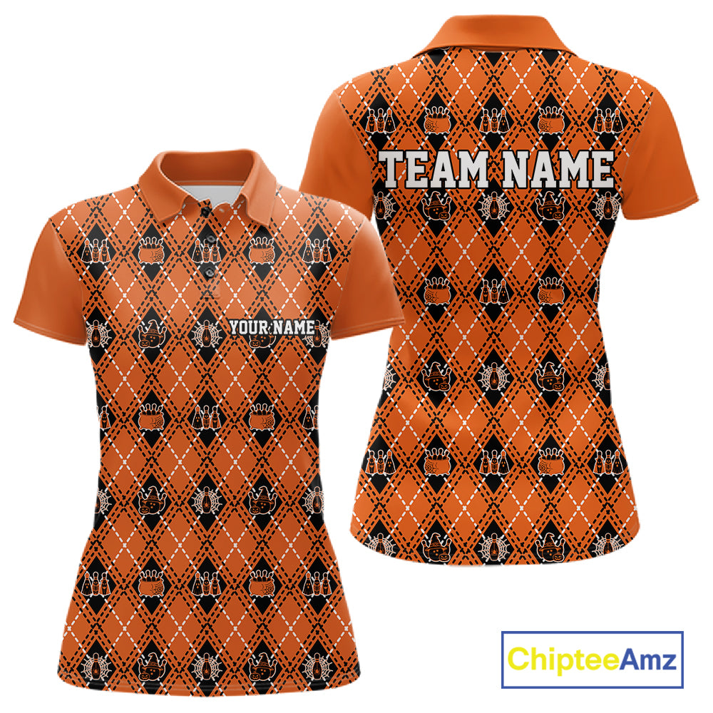 Custom Black And Orange Halloween Bowling Argyle Pattern Bowling Team Women Polo Shirt IPHW11931