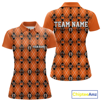 Custom Black And Orange Halloween Bowling Argyle Pattern Bowling Team Women Polo Shirt IPHW11931