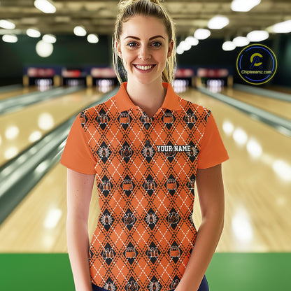 Custom Black And Orange Halloween Bowling Argyle Pattern Bowling Team Women Polo Shirt IPHW11931
