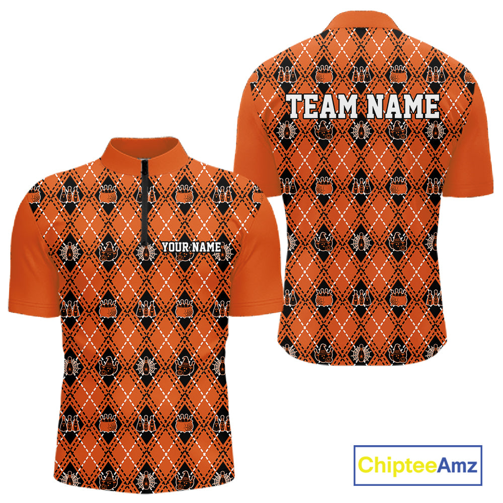 Custom Black And Orange Halloween Bowling Argyle Pattern Bowling Team Men Quarter Zip Shirt IPHW11931