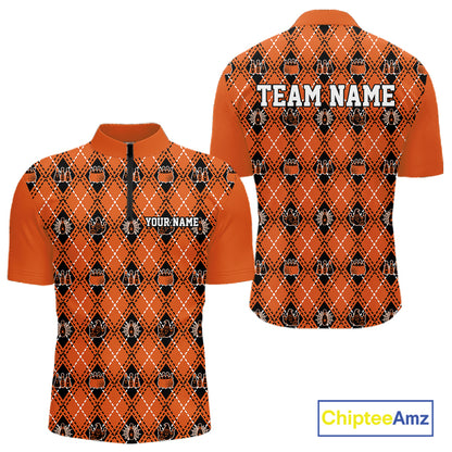 Custom Black And Orange Halloween Bowling Argyle Pattern Bowling Team Men Quarter Zip Shirt IPHW11931