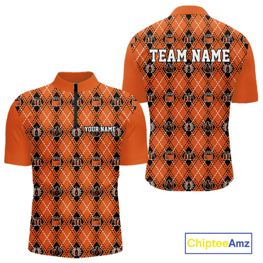 Custom Black And Orange Halloween Bowling Argyle Pattern Bowling Team Men Quarter Zip Shirt IPHW11931