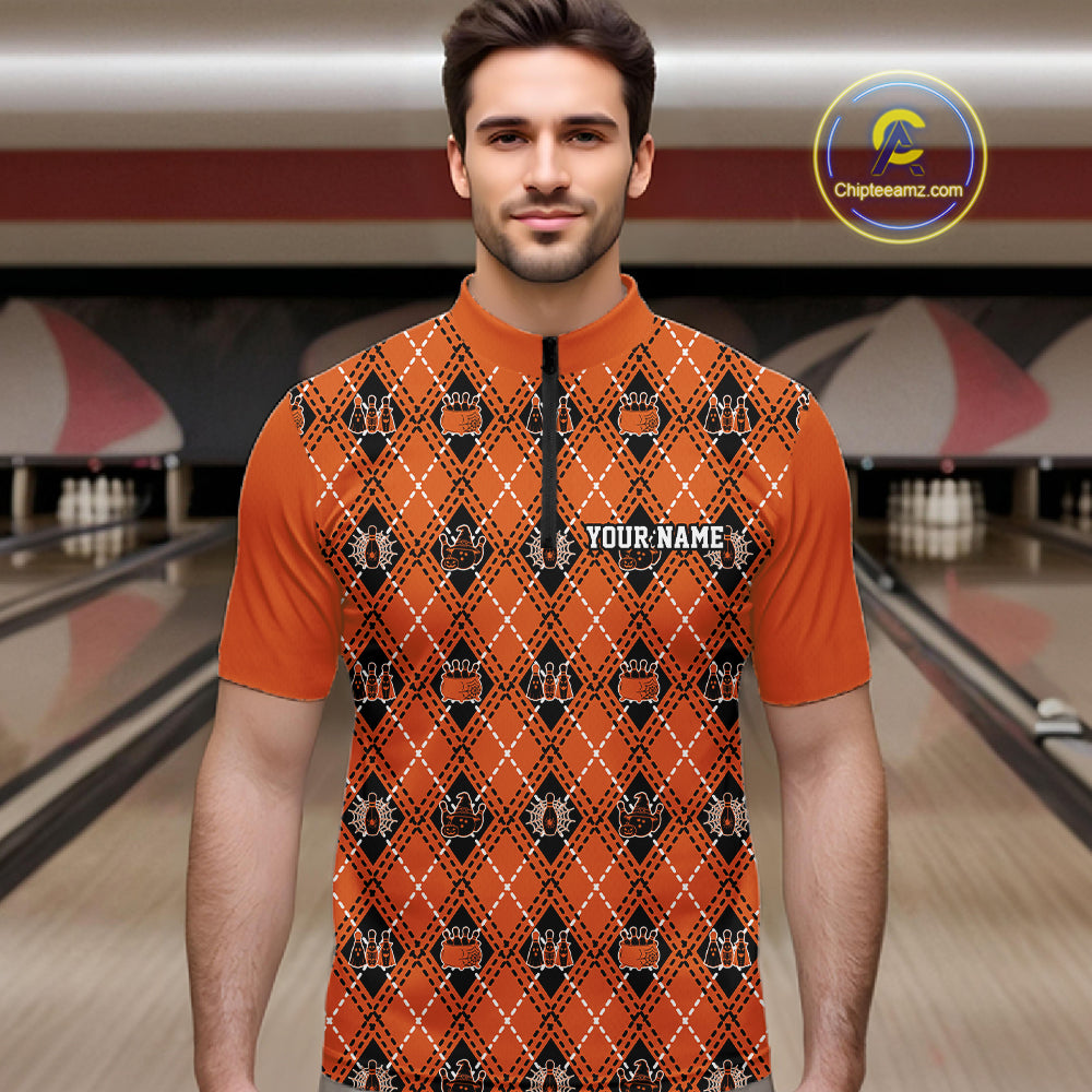 Custom Black And Orange Halloween Bowling Argyle Pattern Bowling Team Men Quarter Zip Shirt IPHW11931