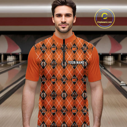 Custom Black And Orange Halloween Bowling Argyle Pattern Bowling Team Men Quarter Zip Shirt IPHW11931