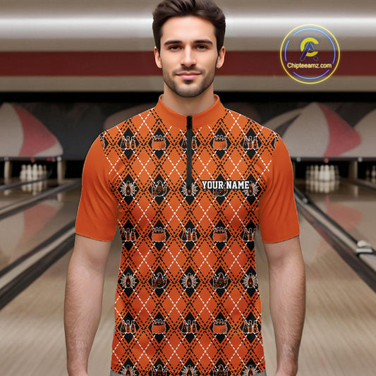 Custom Black And Orange Halloween Bowling Argyle Pattern Bowling Team Men Quarter Zip Shirt IPHW11931