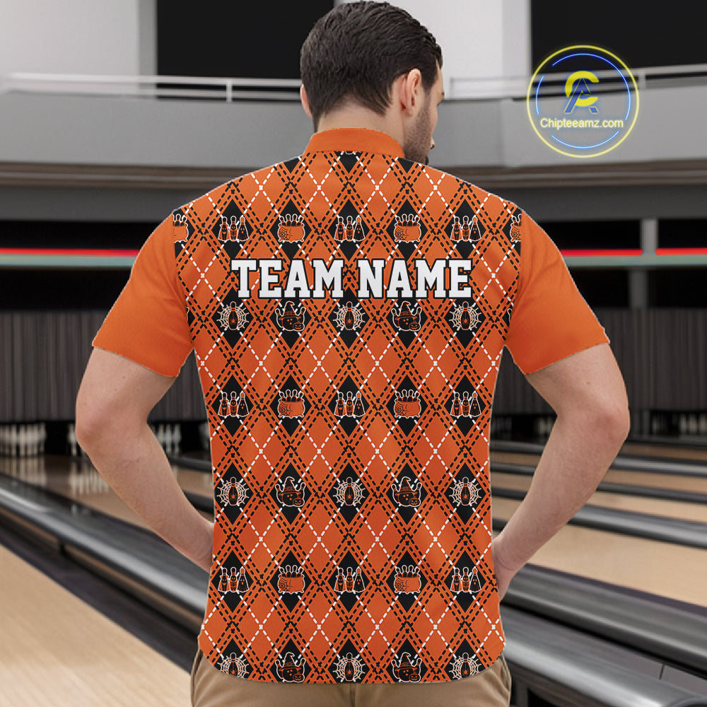 Custom Black And Orange Halloween Bowling Argyle Pattern Bowling Team Men Quarter Zip Shirt IPHW11931