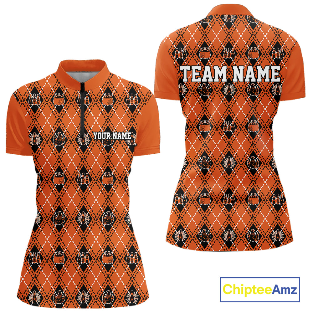 Custom Orange Halloween Bowling Argyle Pattern Bowling Team Women Quarter-Zip Shirt IPHW11931