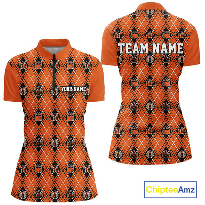 Custom Orange Halloween Bowling Argyle Pattern Bowling Team Women Quarter-Zip Shirt IPHW11931