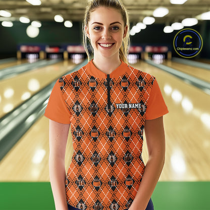 Custom Orange Halloween Bowling Argyle Pattern Bowling Team Women Quarter-Zip Shirt IPHW11931