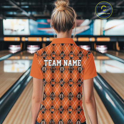 Custom Orange Halloween Bowling Argyle Pattern Bowling Team Women Quarter-Zip Shirt IPHW11931