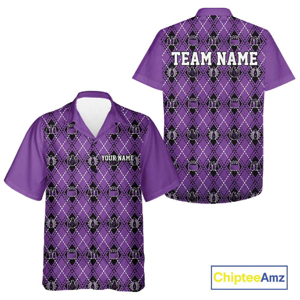 Custom Black And Purple Halloween Bowling Argyle Pattern Bowling Team Men And Women Button Up Shirt IPHW11932