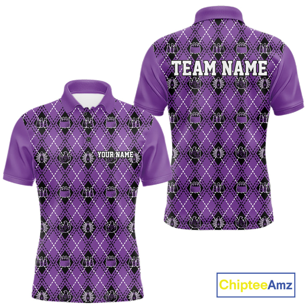 Custom Black And Purple Halloween Bowling Argyle Pattern Bowling Team Men Polo Shirt IPHW11932