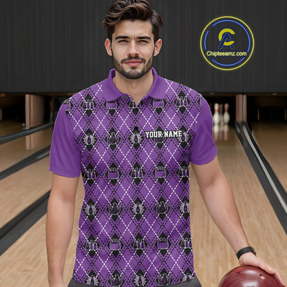 Custom Black And Purple Halloween Bowling Argyle Pattern Bowling Team Men Polo Shirt IPHW11932