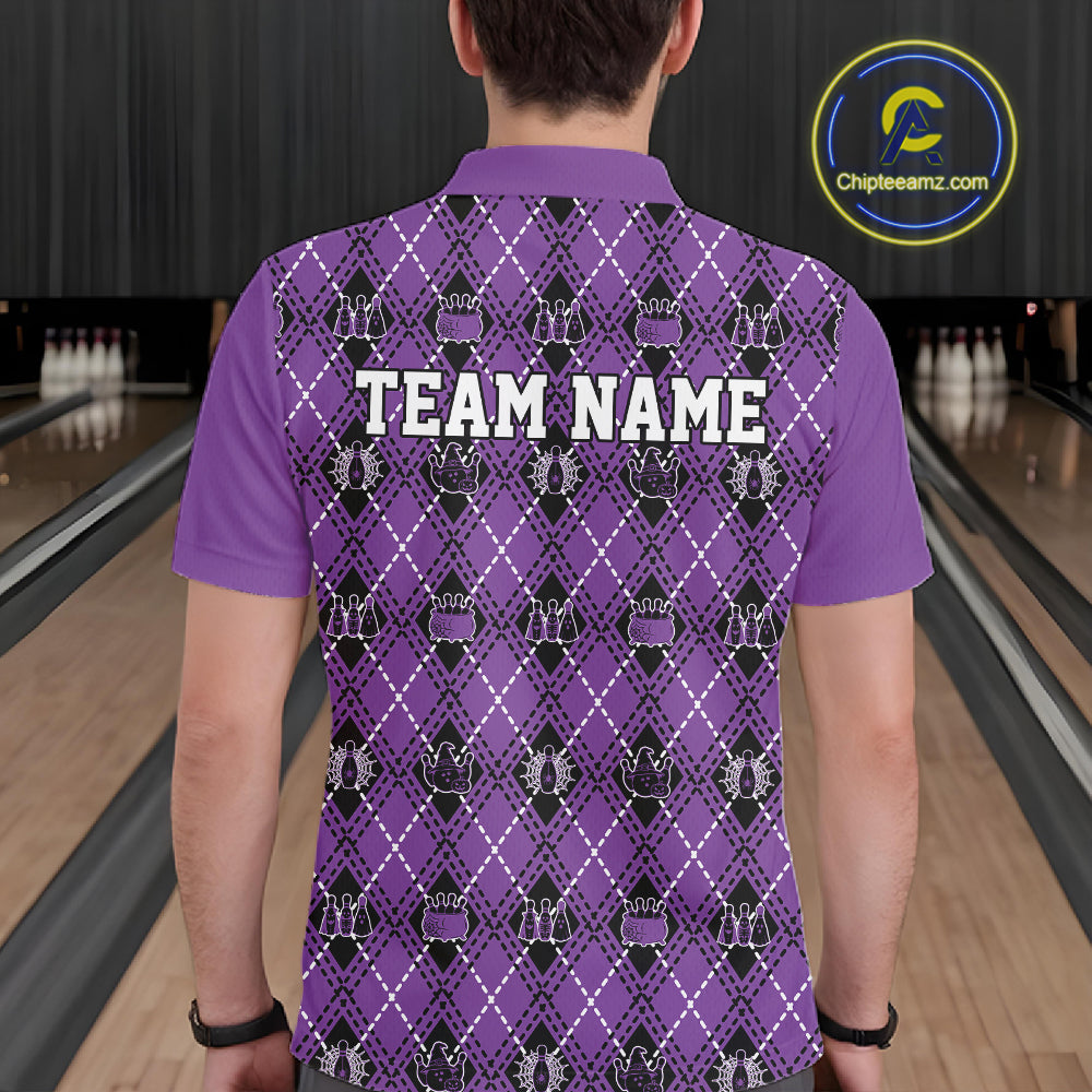 Custom Black And Purple Halloween Bowling Argyle Pattern Bowling Team Men Polo Shirt IPHW11932