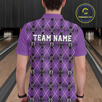 Custom Black And Purple Halloween Bowling Argyle Pattern Bowling Team Men Polo Shirt IPHW11932