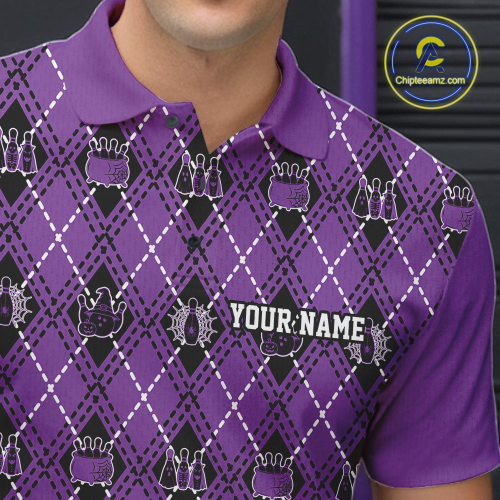 Custom Black And Purple Halloween Bowling Argyle Pattern Bowling Team Men Polo Shirt IPHW11932