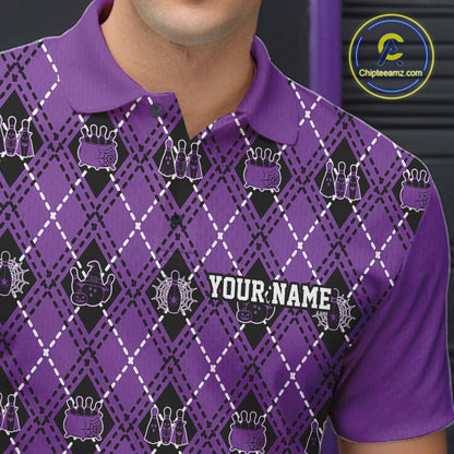 Custom Black And Purple Halloween Bowling Argyle Pattern Bowling Team Men Polo Shirt IPHW11932
