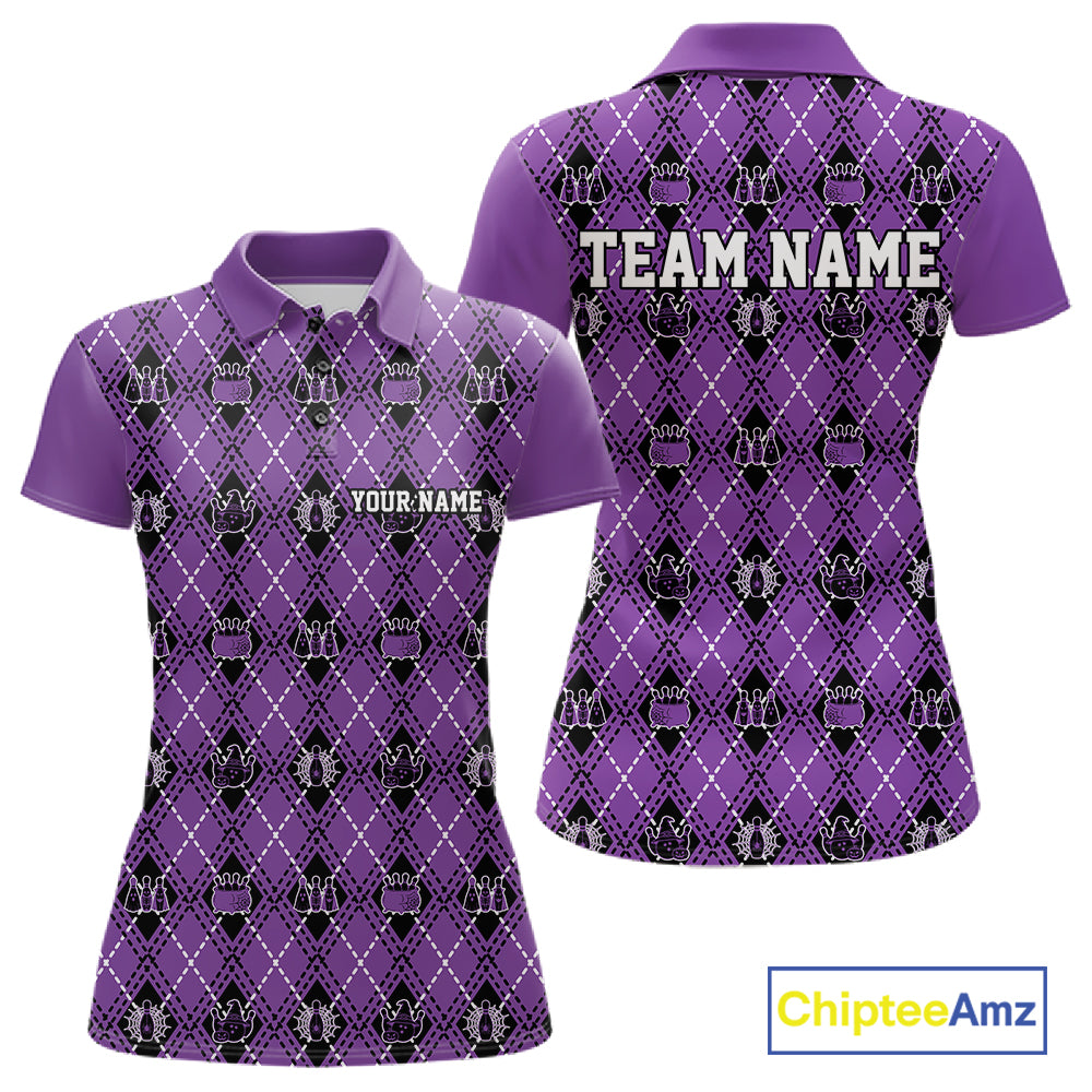 Custom Black And Purple Halloween Bowling Argyle Pattern Bowling Team Women Polo Shirt IPHW11932