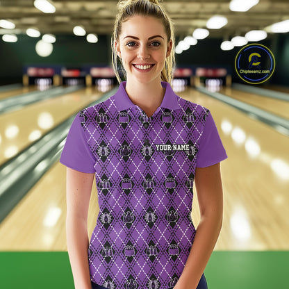 Custom Black And Purple Halloween Bowling Argyle Pattern Bowling Team Women Polo Shirt IPHW11932