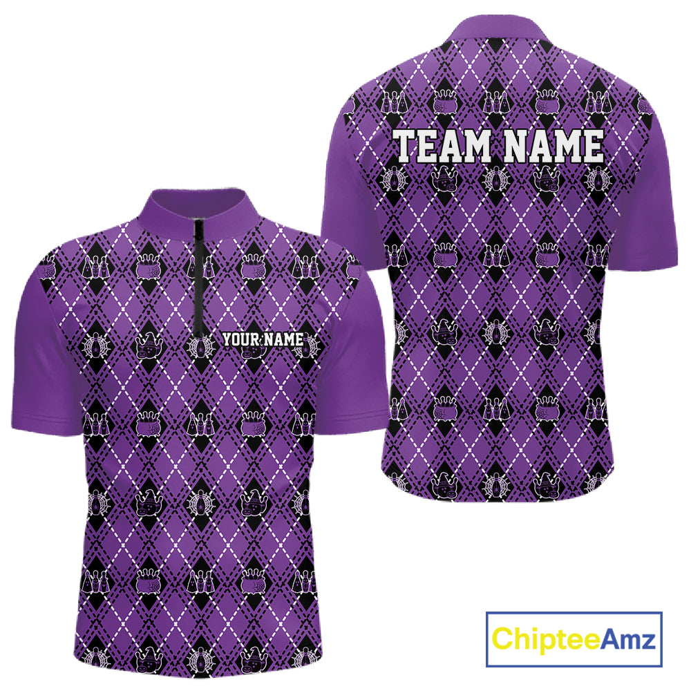 Custom Black And Purple Halloween Bowling Argyle Pattern Bowling Team Men Quarter Zip Shirt IPHW11932