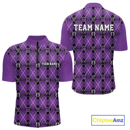Custom Black And Purple Halloween Bowling Argyle Pattern Bowling Team Men Quarter Zip Shirt IPHW11932