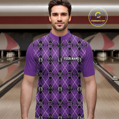 Custom Black And Purple Halloween Bowling Argyle Pattern Bowling Team Men Quarter Zip Shirt IPHW11932