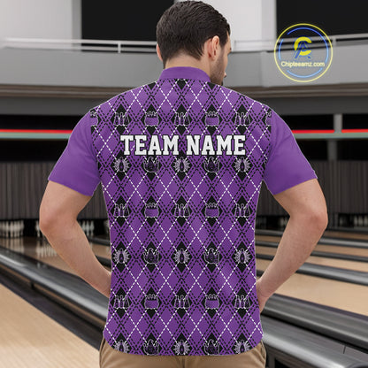 Custom Black And Purple Halloween Bowling Argyle Pattern Bowling Team Men Quarter Zip Shirt IPHW11932