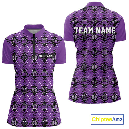 Custom Purple Halloween Bowling Argyle Pattern Bowling Team Women Quarter-Zip Shirt IPHW11932