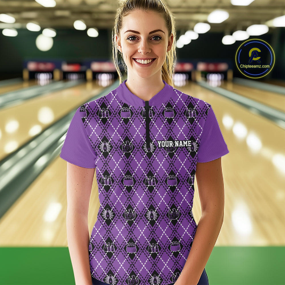 Custom Purple Halloween Bowling Argyle Pattern Bowling Team Women Quarter-Zip Shirt IPHW11932